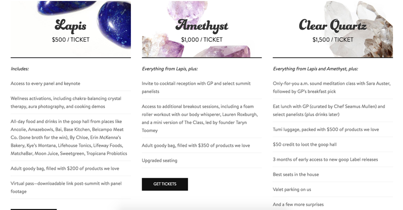Ticket options for in Goop Health.